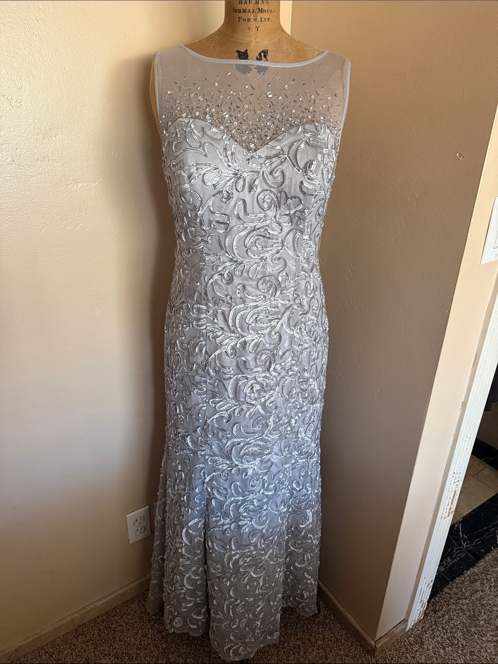 Ignite Evenings Silver Beaded Embroidered Formal Gown Dress Size 12